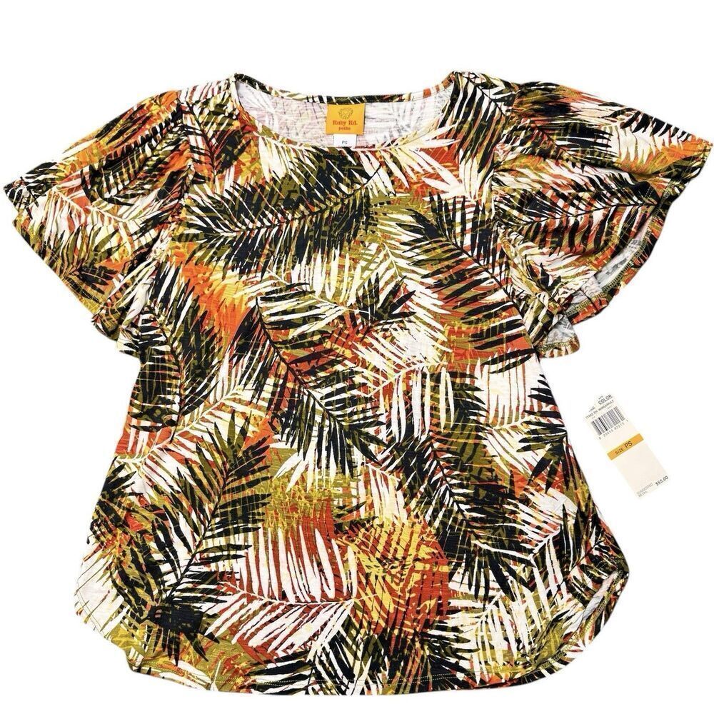 New Ruby Rd. Sz PS Palm Print Top Blouse Short Sleeve Casual Beach Airy NWT $55